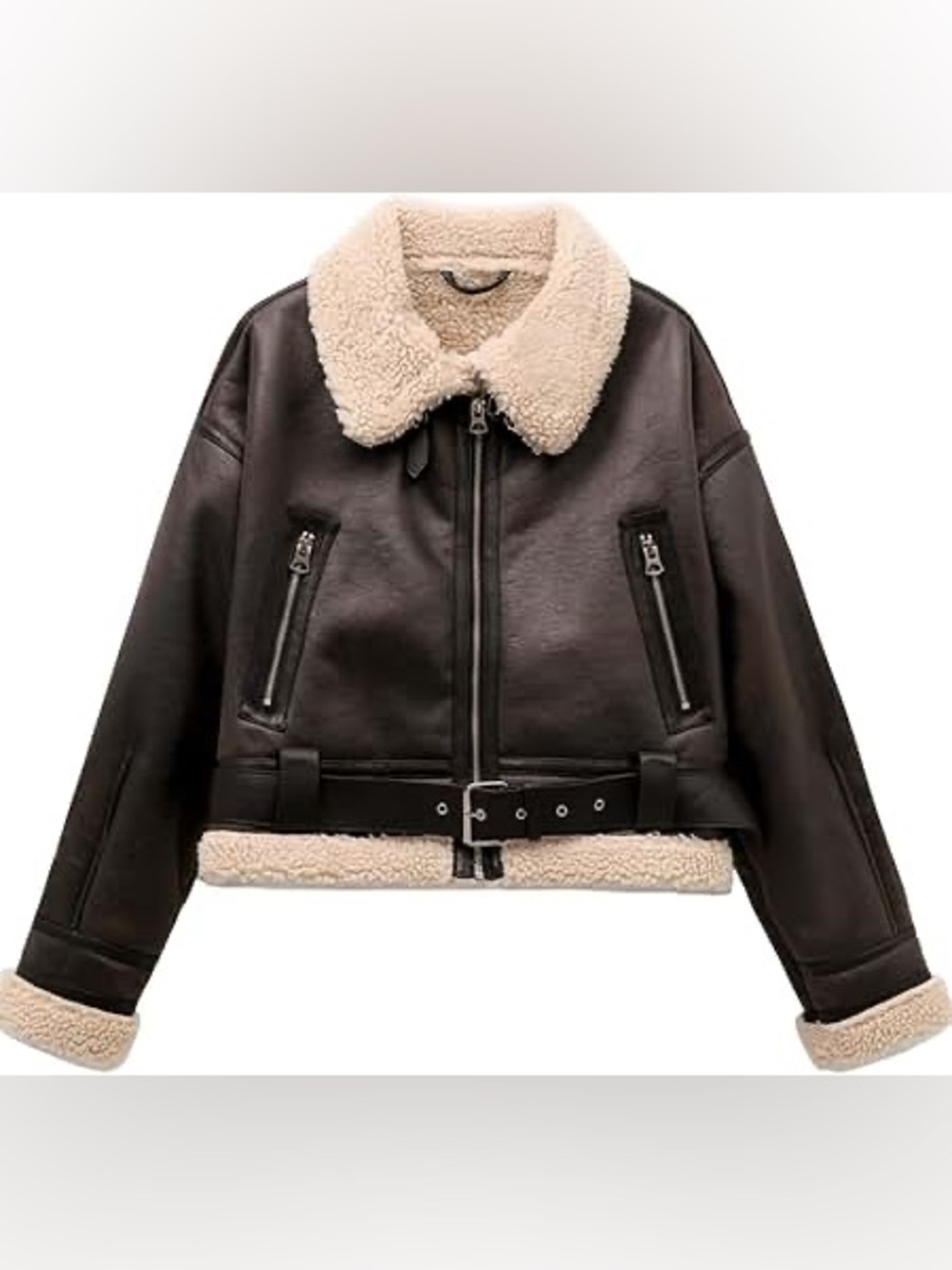Dark Brown Faux Leather Shearling Jacket with Cream Trim